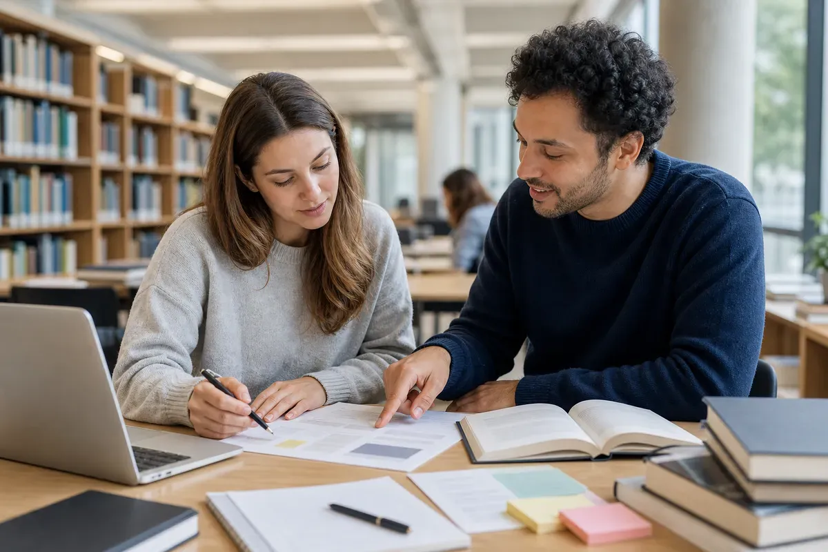 Two students reviewing word-choice notes and a style guide together at a library table