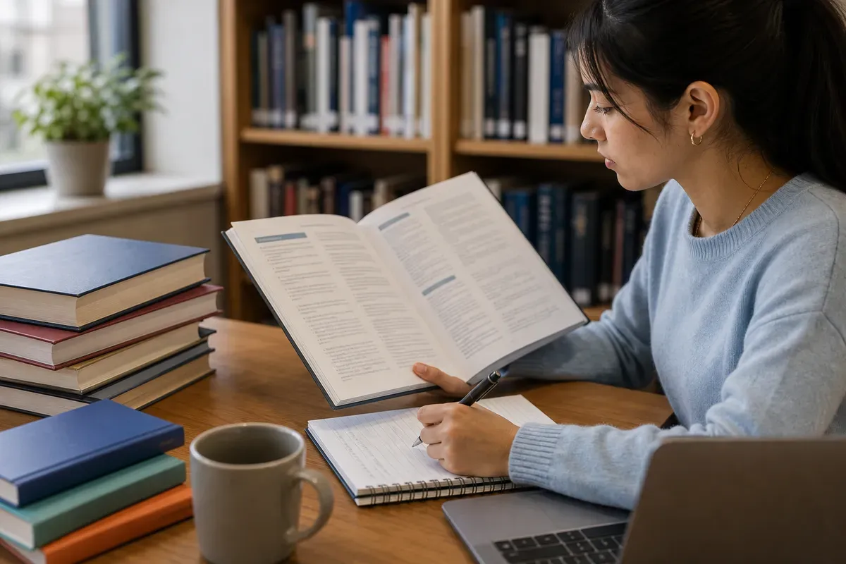 A student comparing APA, MLA and Chicago reference examples in a printed style guide