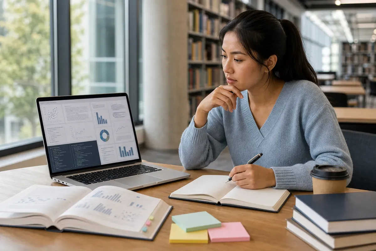 Student comparing statistics software windows on a laptop in a university library