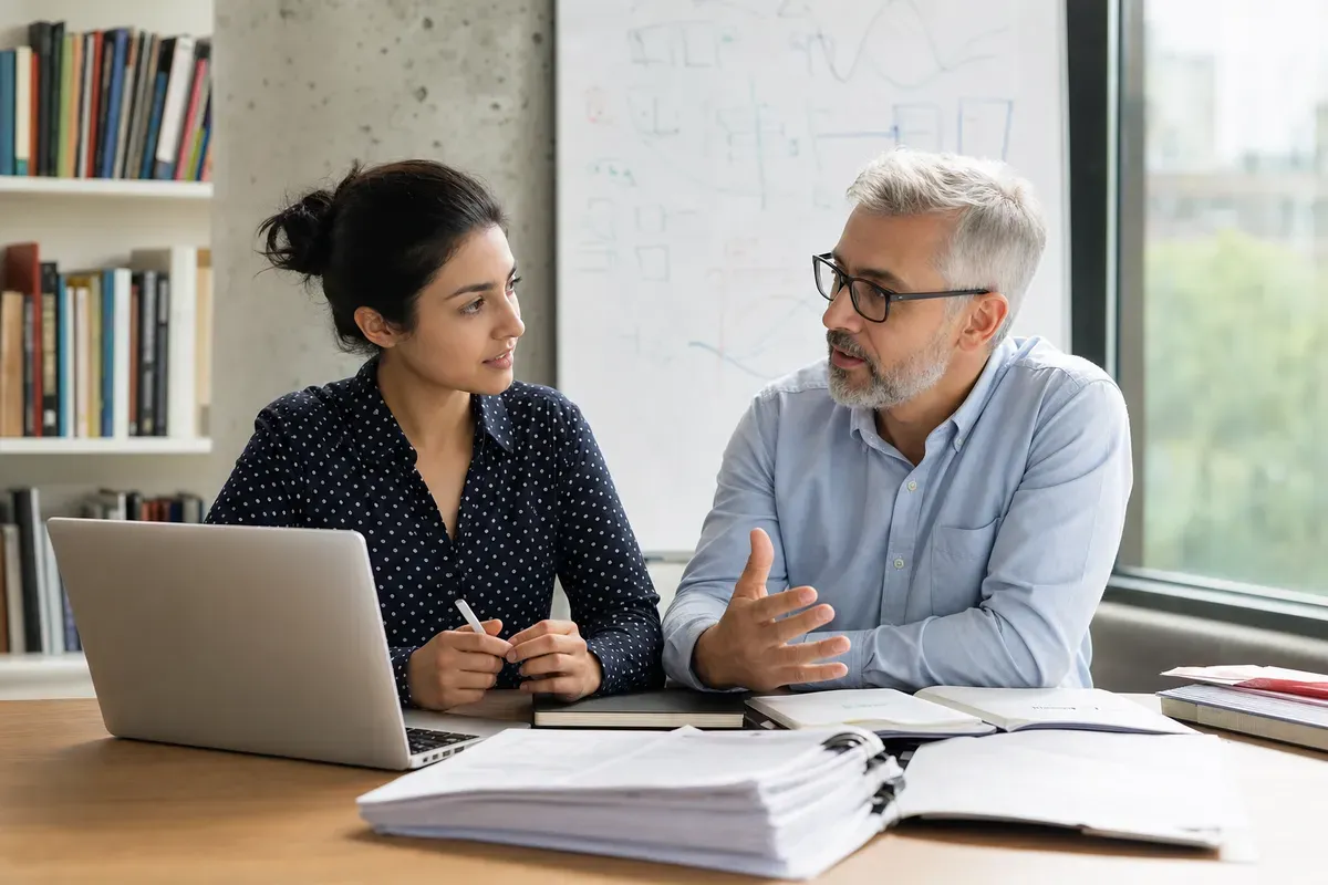 Doctoral researcher mapping a dissertation structure with a coach