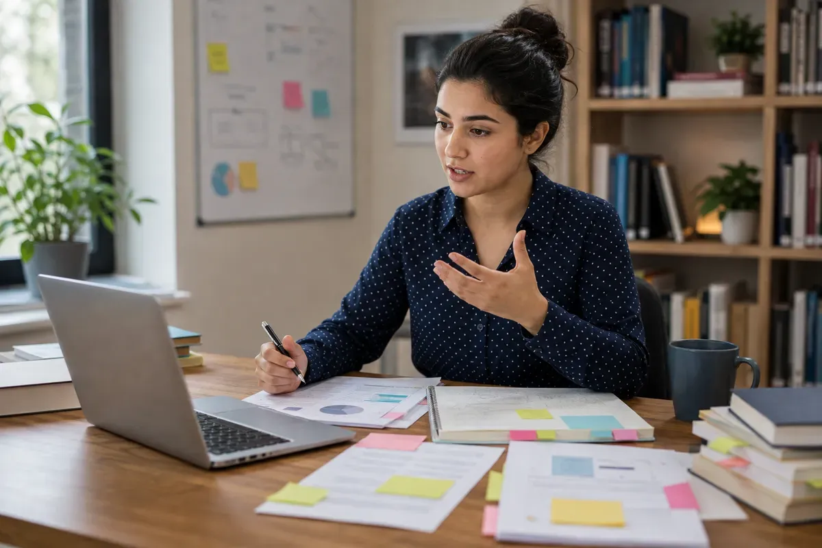 A doctoral candidate rehearsing defence answers at a desk with printed thesis chapters and sticky notes