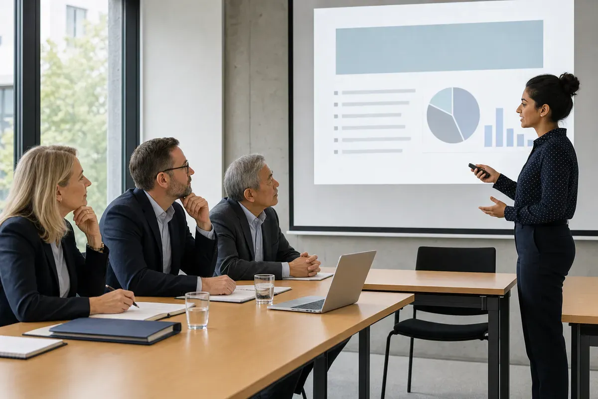 A small thesis committee listening as a candidate presents slides in a seminar room