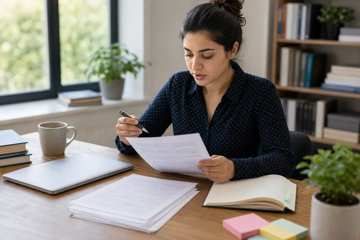 Student proofreading a printed thesis draft with a pen at a tidy desk