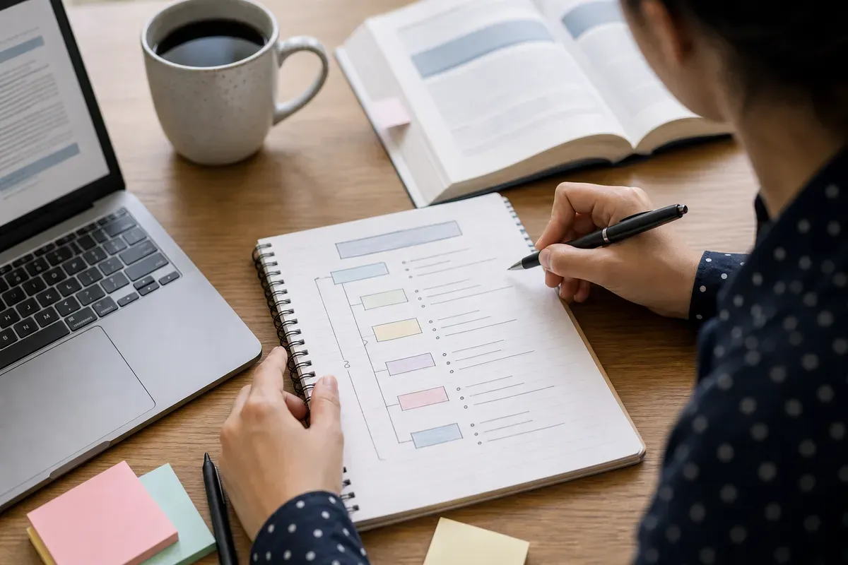 Student sketching a thesis outline on paper at a desk