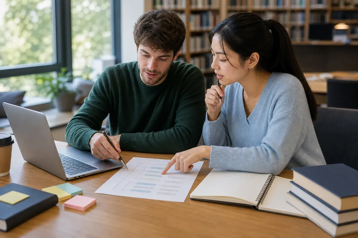 Two students discussing a thesis chapter outline together