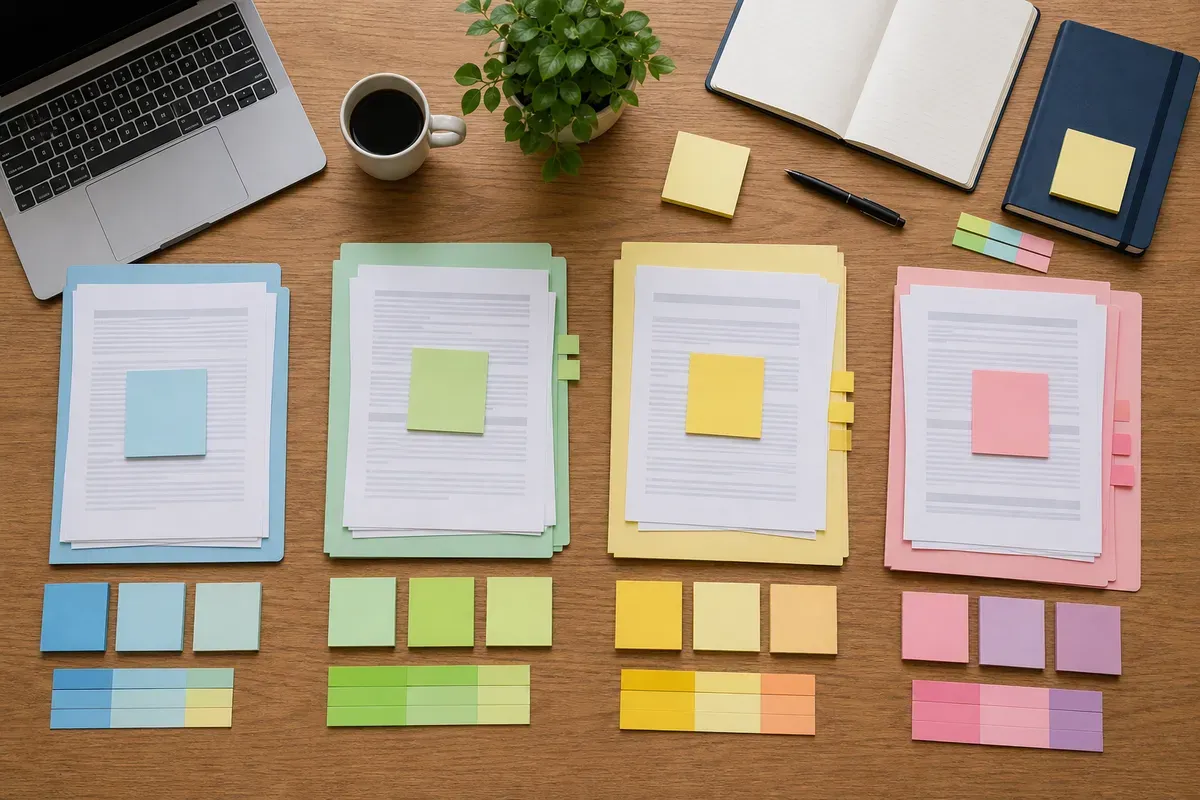 Organised research notes and folders arranged by chapter on a desk