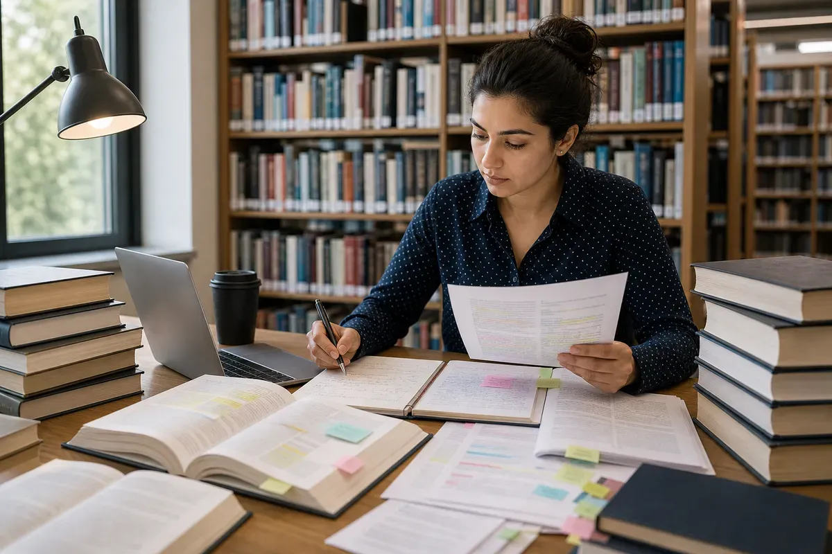Doctoral candidate working among stacks of books and research papers
