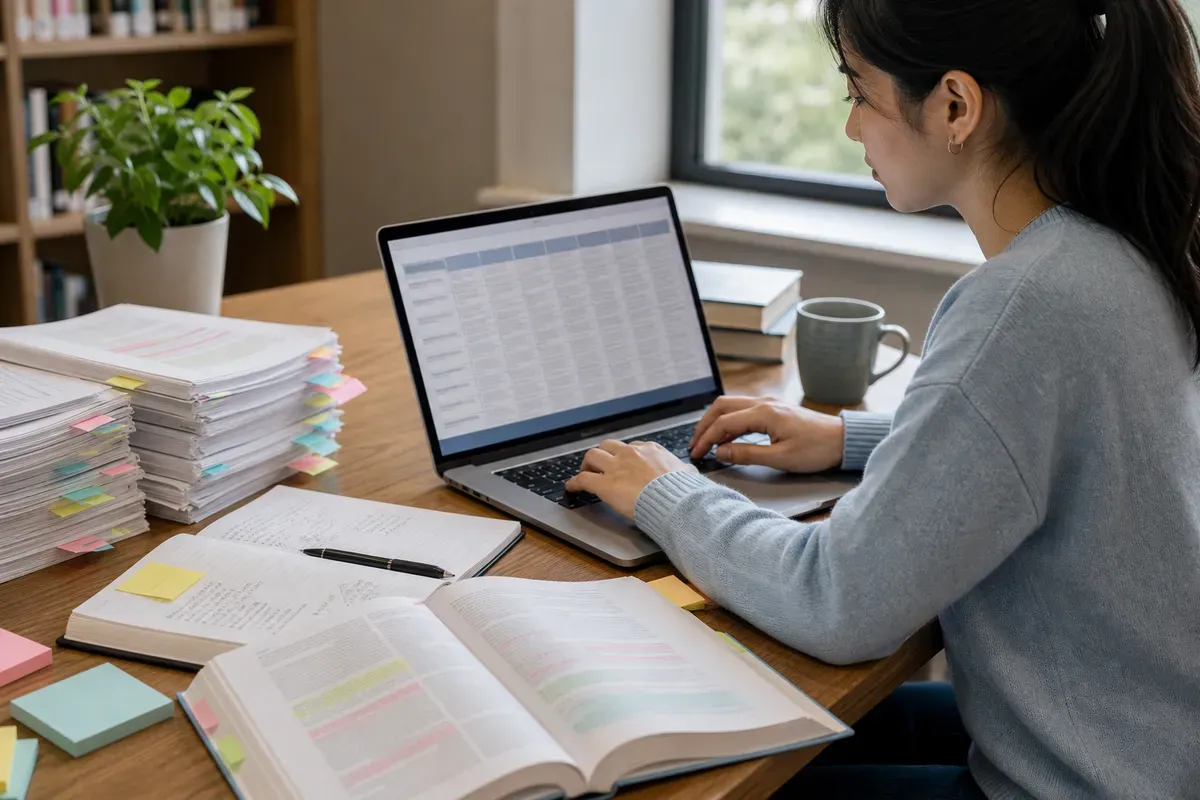 A student filling in a synthesis matrix on a laptop next to a stack of annotated journal articles
