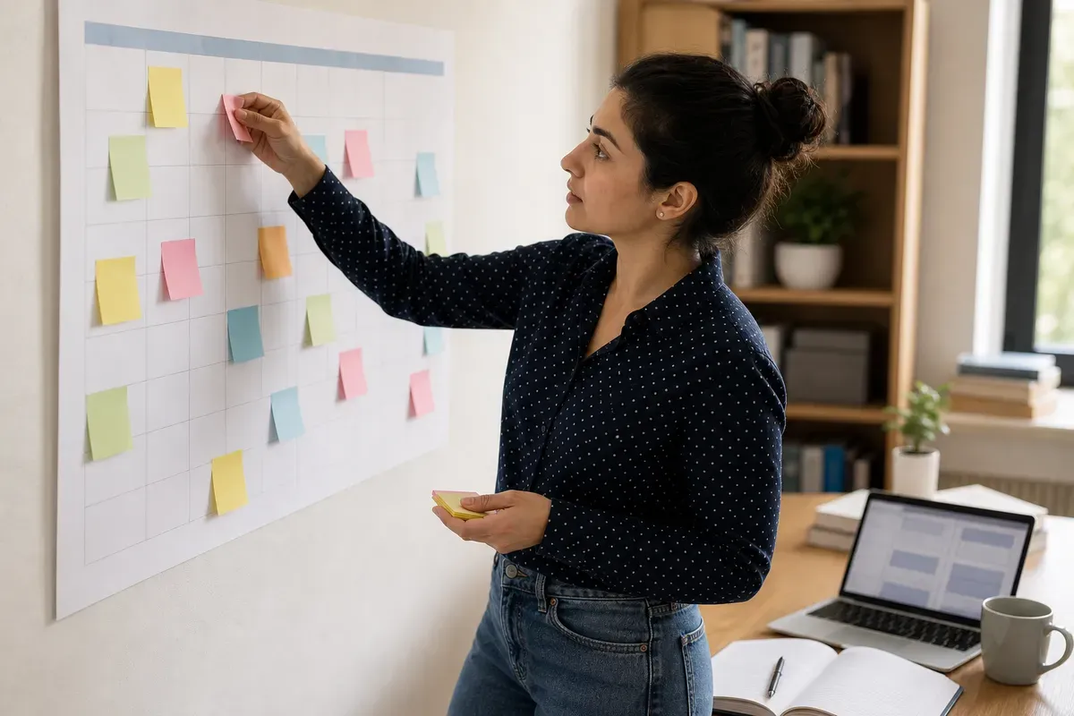 Master's student reviewing a thesis timeline on a wall calendar