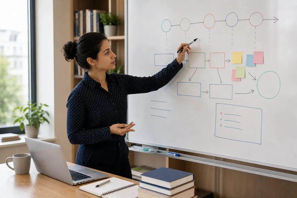 Researcher mapping out a project timeline and methodology on a whiteboard