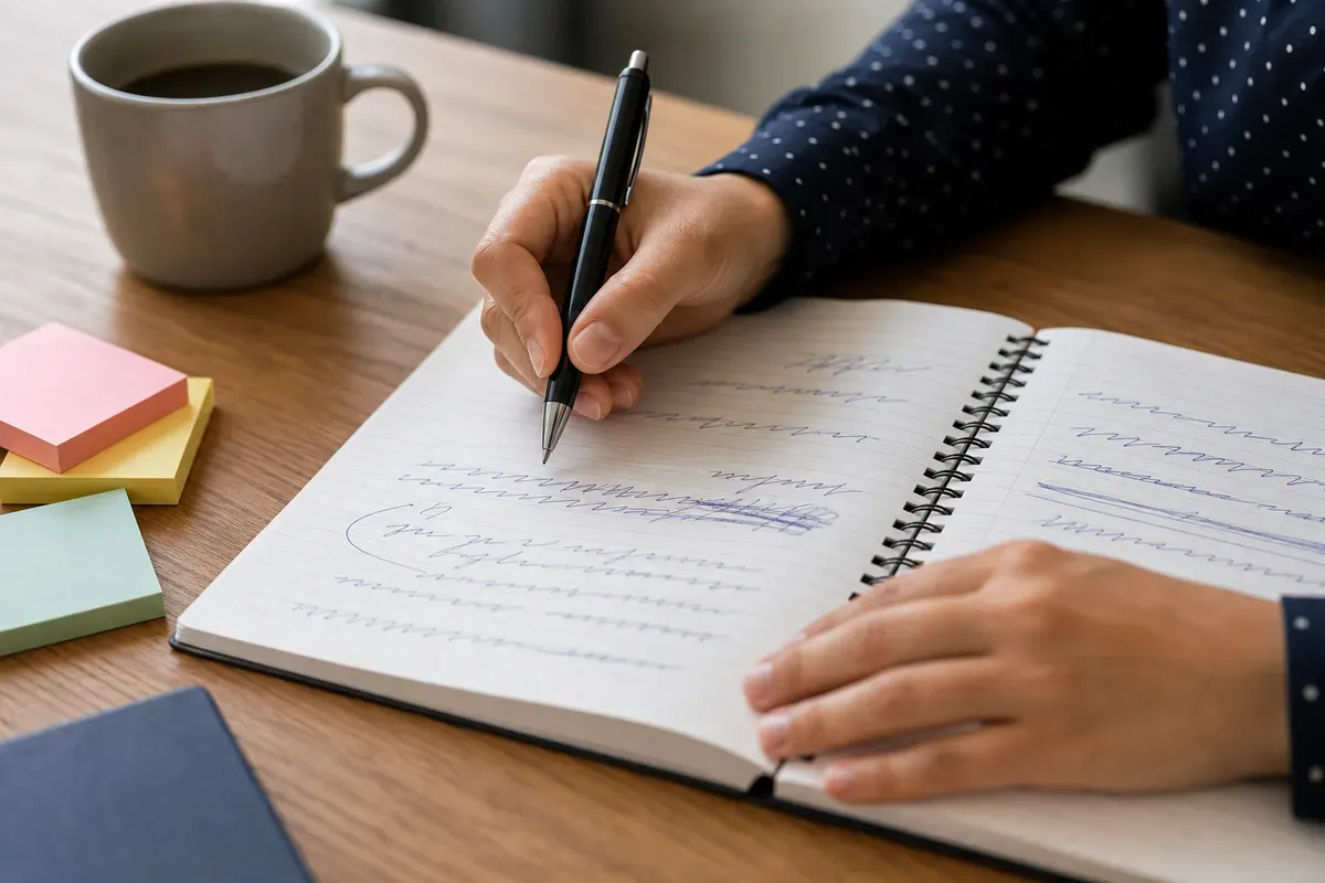 Student writing and revising a single sentence in a notebook