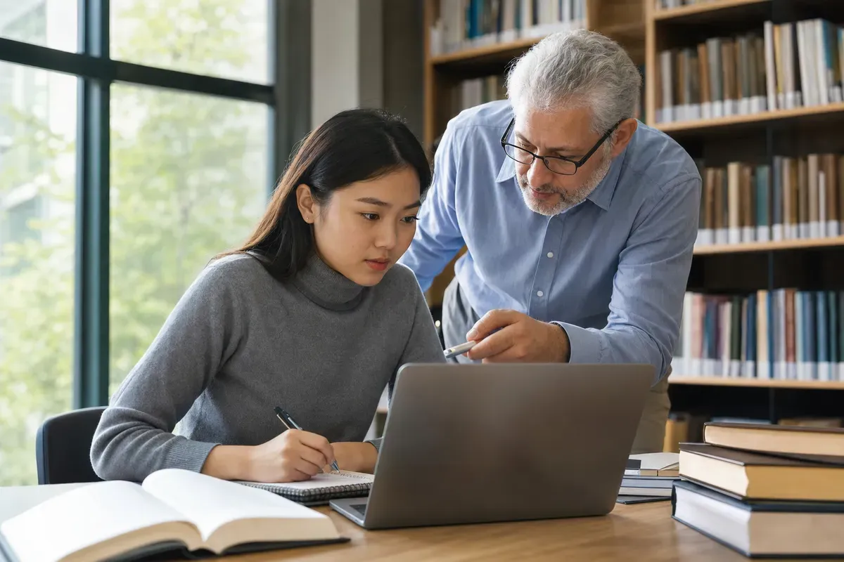 Master's student discussing a thesis chapter with an academic coach