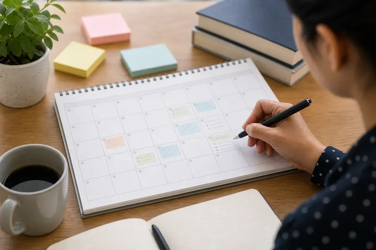 A calendar with daily writing sessions blocked out for a thesis