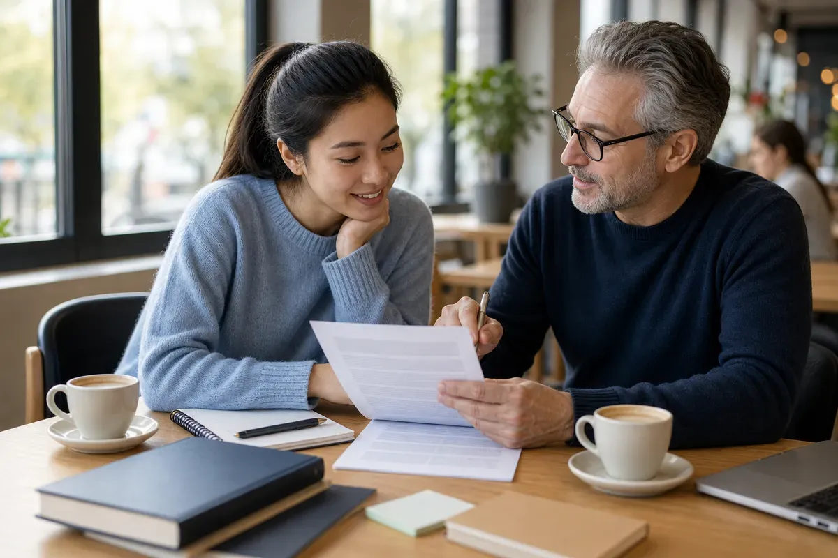 A student talking through a thesis chapter with a coach over coffee