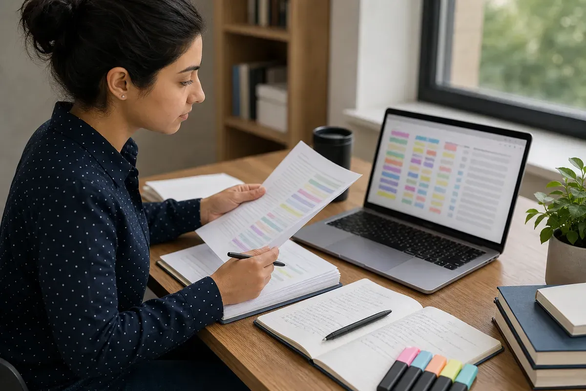 Researcher reviewing interview transcripts and a coding scheme on a laptop