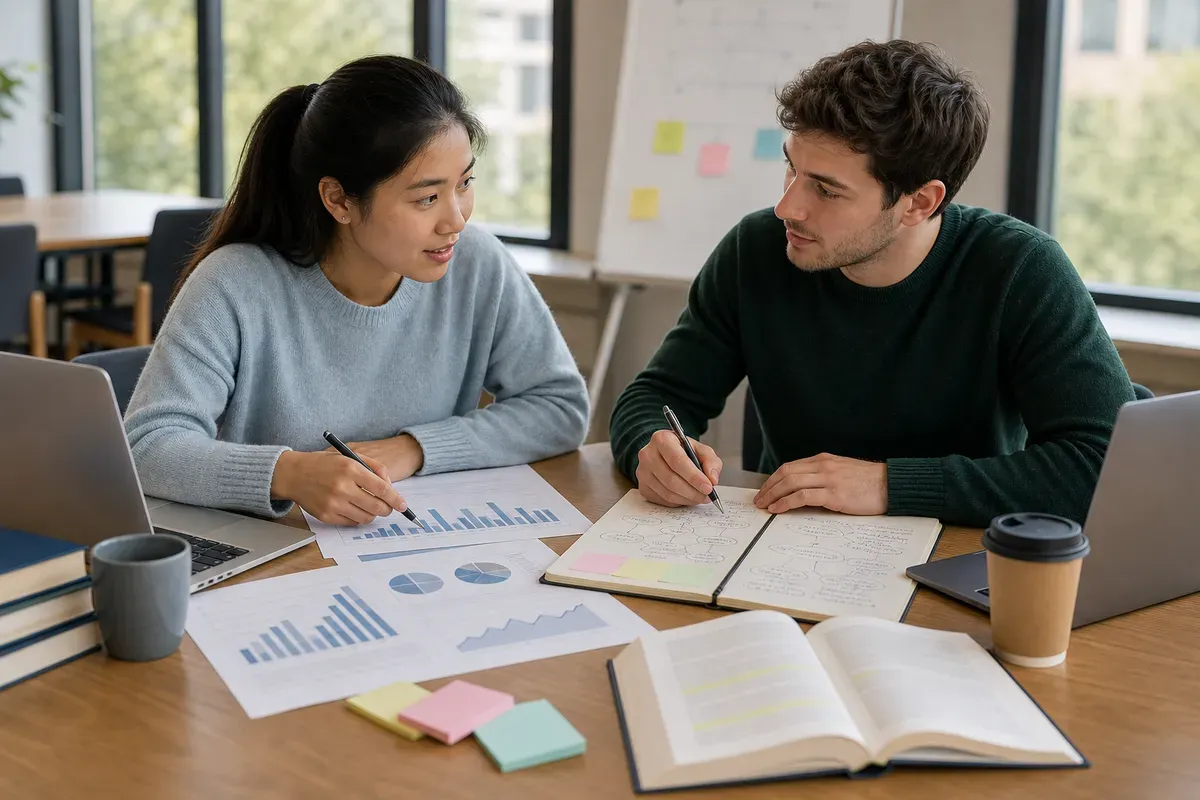 Two students discussing a study design with survey charts and interview notes side by side