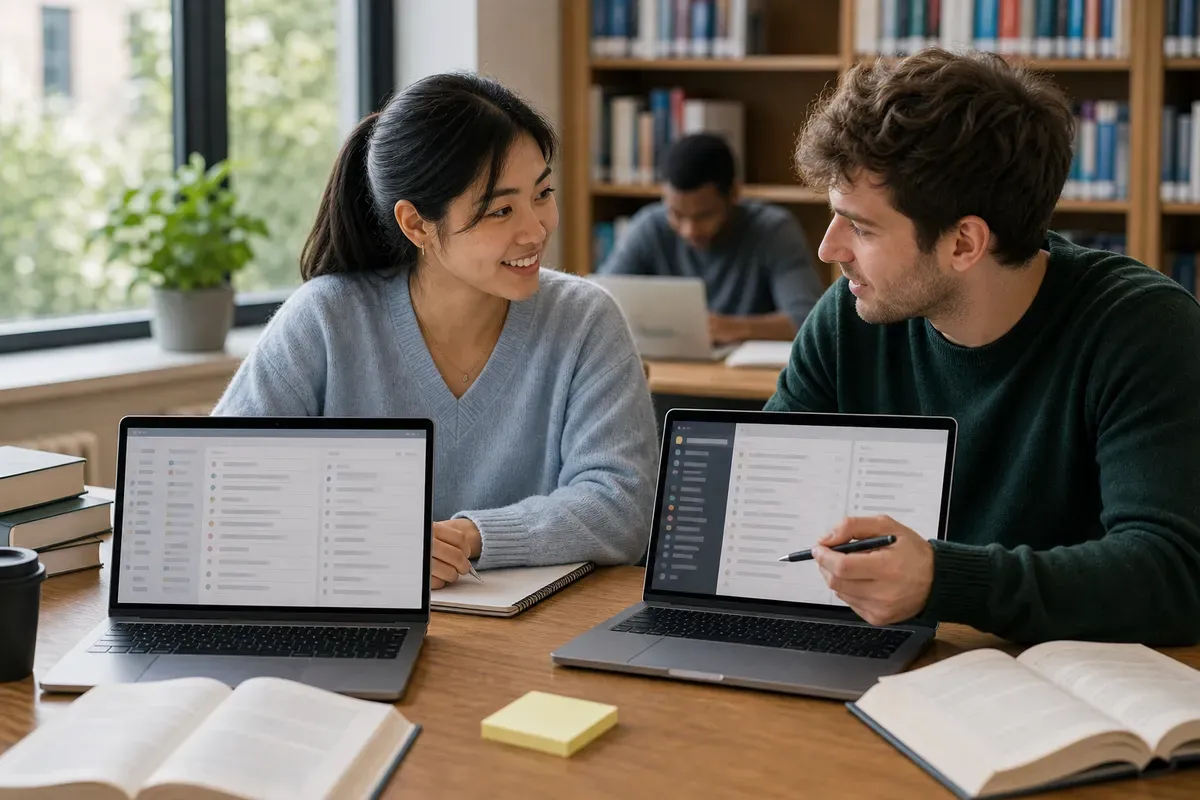 Two students comparing reference manager apps side by side on their laptops in a library