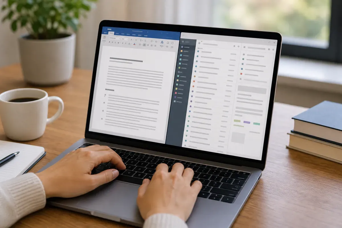A word processor showing an automatically generated bibliography next to an open reference manager
