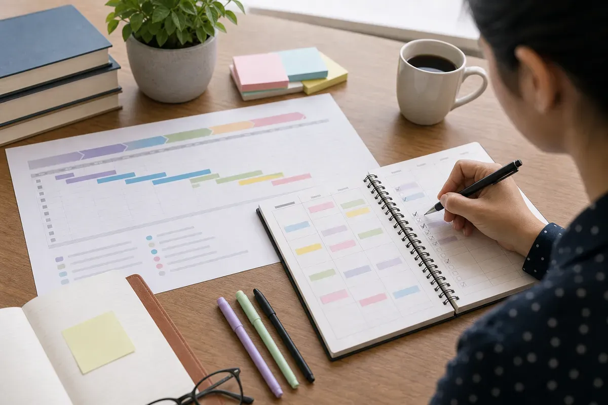 Student planning thesis milestones on a calendar and notebook
