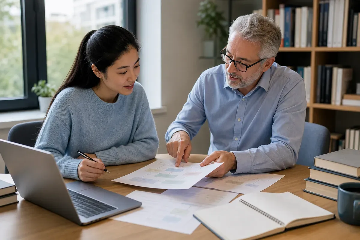 A student and supervisor discussing a thesis draft across a table